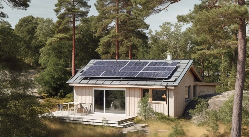 Hous in woods with solar panels (PV)